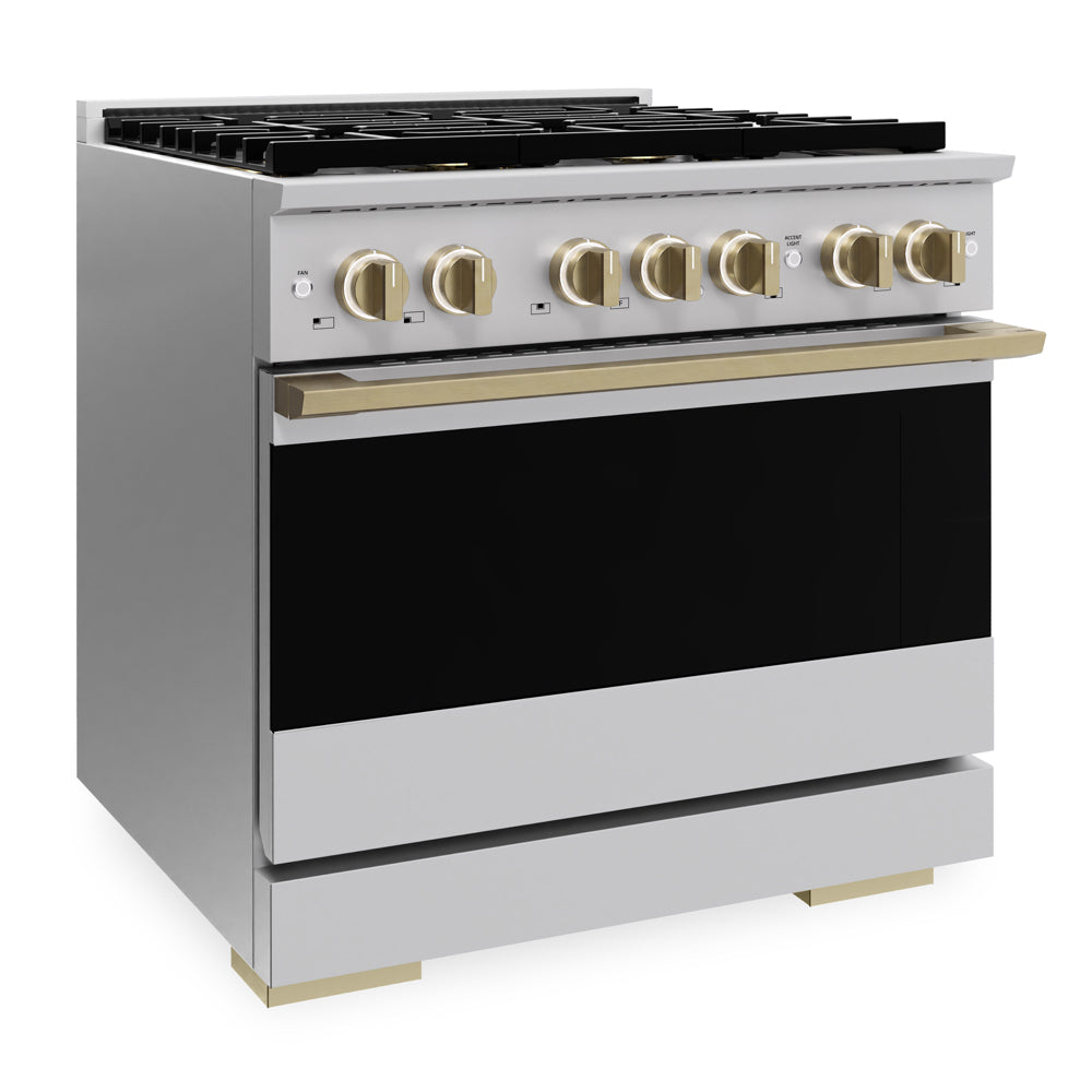 ZLINE Autograph Edition 36 in. 5.2 cu. ft. Marino Gas Range with 6 Burner DuoPro™ Cooktop and Convection Gas Oven in Stainless Steel and Champagne Bronze Accents (PMGRZ-36-CB)