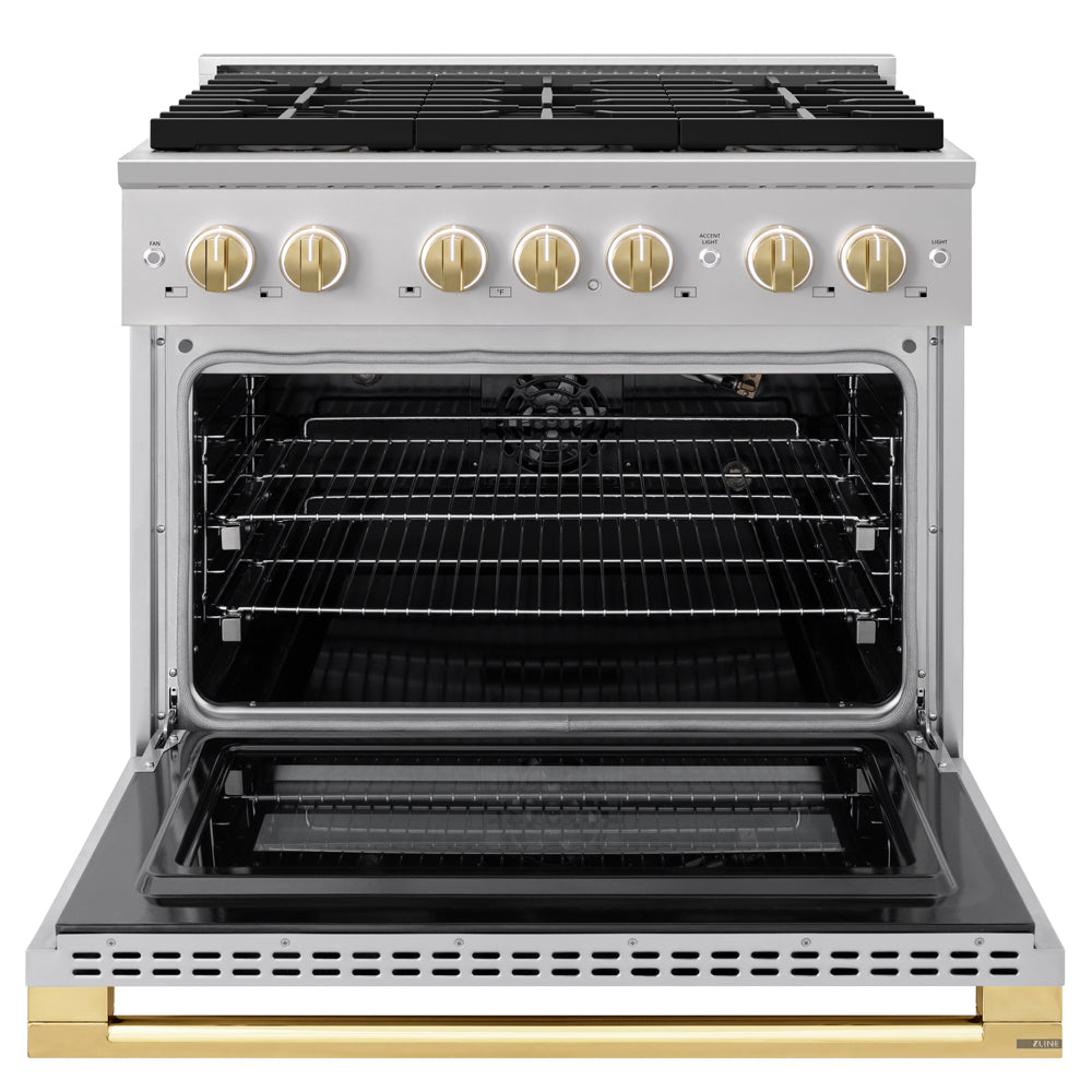 ZLINE Autograph Edition 36 in. 5.2 cu. ft. Marino Gas Range with 6 Burner DuoPro™ Cooktop and Convection Gas Oven in Stainless Steel and Polished Gold Accents (PMGRZ-36-G)