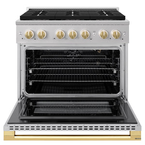 ZLINE Autograph Edition 36 in. 5.2 cu. ft. Marino Gas Range with 6 Burner DuoPro™ Cooktop and Convection Gas Oven in Stainless Steel and Polished Gold Accents (PMGRZ-36-G)