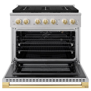ZLINE Autograph Edition 36 in. 5.2 cu. ft. Marino Gas Range with 6 Burner DuoPro™ Cooktop and Convection Gas Oven in Stainless Steel and Polished Gold Accents (PMGRZ-36-G) front, oven open.