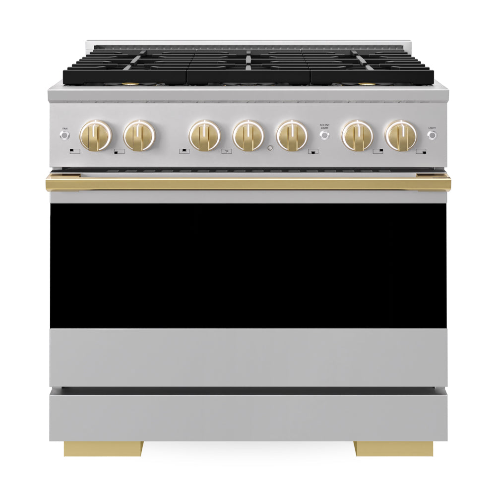 ZLINE Autograph Edition 36 in. 5.2 cu. ft. Marino Gas Range with 6 Burner DuoPro™ Cooktop and Convection Gas Oven in Stainless Steel and Polished Gold Accents (PMGRZ-36-G)