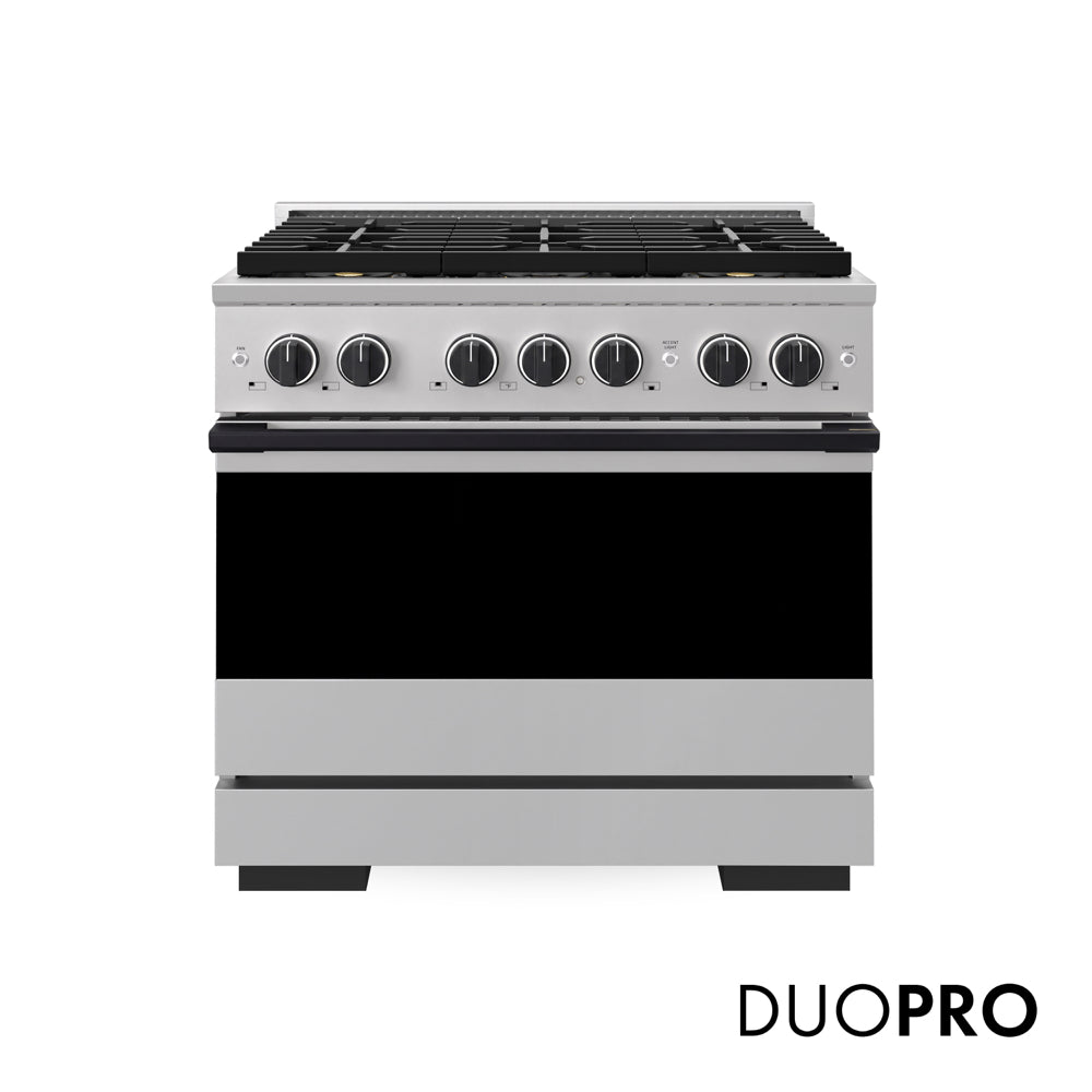 ZLINE Autograph Edition 36 in. 5.2 cu. ft. Marino Gas Range with 6 Burner DuoPro™ Cooktop and Convection Gas Oven in Stainless Steel and Matte Black Accents (PMGRZ-36-MB)