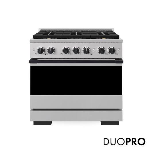 ZLINE Autograph Edition 36 in. 5.2 cu. ft. Marino Gas Range with 6 Burner DuoPro™ Cooktop and Convection Gas Oven in Stainless Steel and Matte Black Accents (PMGRZ-36-MB) main image.