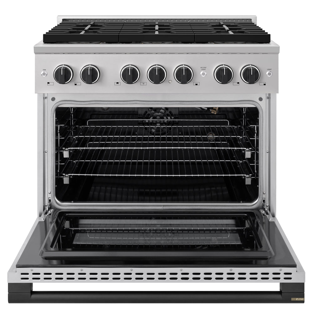 ZLINE Autograph Edition 36 in. 5.2 cu. ft. Marino Gas Range with 6 Burner DuoPro™ Cooktop and Convection Gas Oven in Stainless Steel and Matte Black Accents (PMGRZ-36-MB)