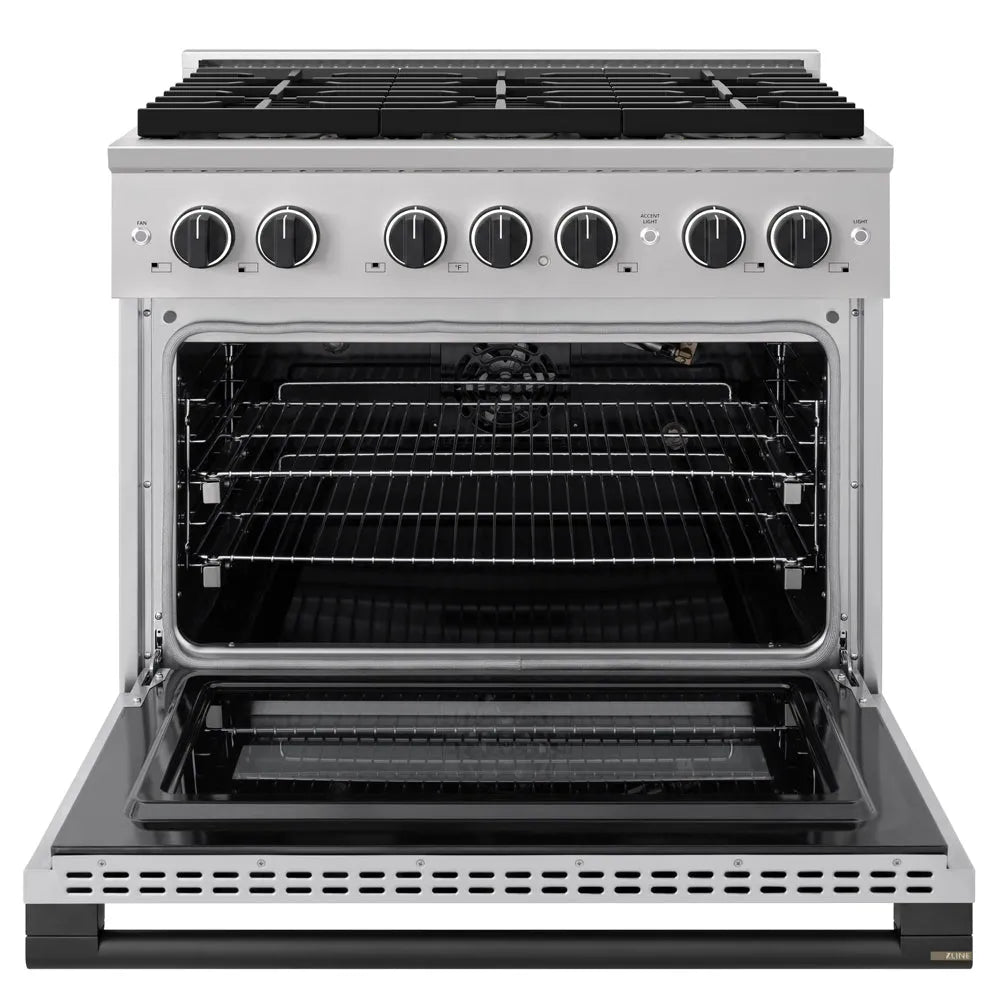 ZLINE Autograph Edition 36 in. 5.2 cu. ft. Marino Gas Range with 6 Burner DuoPro™ Cooktop and Convection Gas Oven in Stainless Steel and Matte Black Accents (PMGRZ-36-MB) front, oven open.