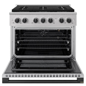 ZLINE Autograph Edition 36 in. 5.2 cu. ft. Marino Gas Range with 6 Burner DuoPro™ Cooktop and Convection Gas Oven in Stainless Steel and Matte Black Accents (PMGRZ-36-MB) front, oven open.