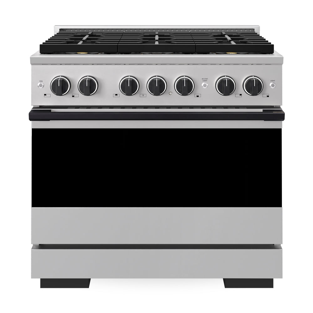 ZLINE Autograph Edition 36 in. 5.2 cu. ft. Marino Gas Range with 6 Burner DuoPro™ Cooktop and Convection Gas Oven in Stainless Steel and Matte Black Accents (PMGRZ-36-MB)