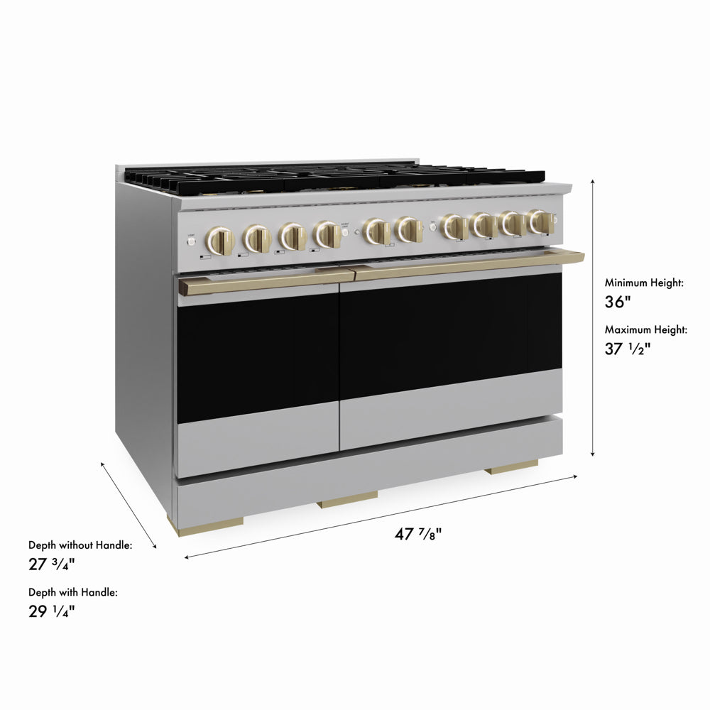 ZLINE Autograph Edition 48 in. 6.7 cu. ft. Marino Gas Range with 8 Burner DuoPro™ Cooktop and Dual Ovens in Stainless Steel and Champagne Bronze Accents (PMGRZ-48-CB)