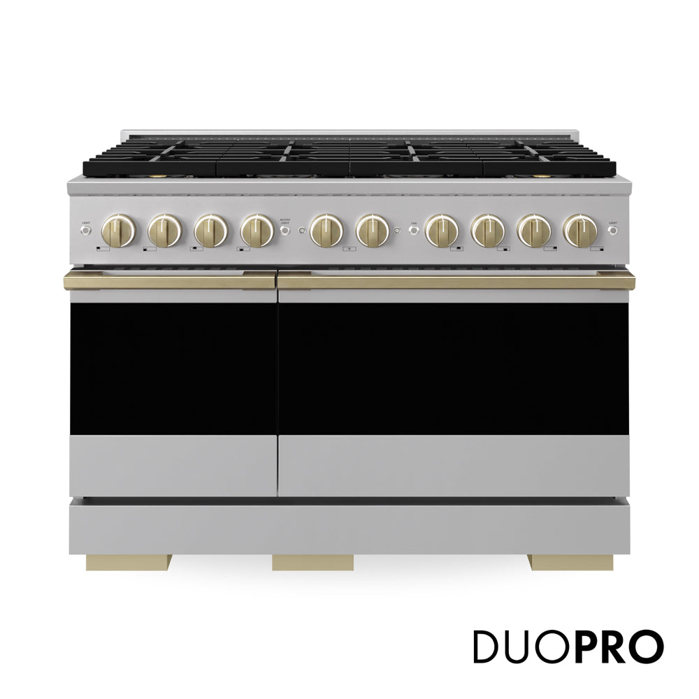 ZLINE Autograph Edition 48 in. 6.7 cu. ft. Marino Gas Range with 8 Burner DuoPro™ Cooktop and Dual Ovens in Stainless Steel and Champagne Bronze Accents (PMGRZ-48-CB) main image.