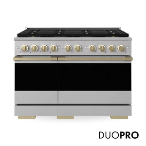 ZLINE Autograph Edition 48 in. 6.7 cu. ft. Marino Gas Range with 8 Burner DuoPro™ Cooktop and Dual Ovens in Stainless Steel and Champagne Bronze Accents (PMGRZ-48-CB) main image.