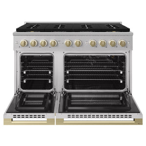 ZLINE Autograph Edition 48 in. 6.7 cu. ft. Marino Gas Range with 8 Burner DuoPro™ Cooktop and Dual Ovens in Stainless Steel and Champagne Bronze Accents (PMGRZ-48-CB)