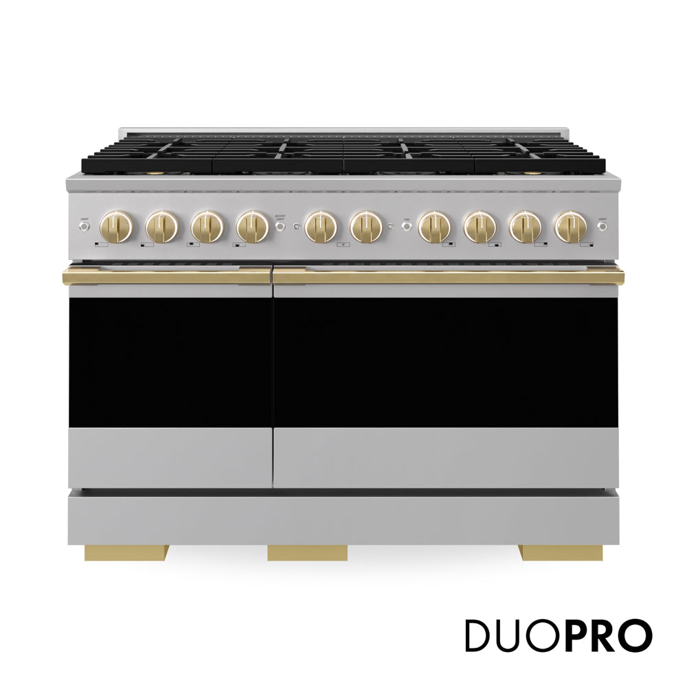 ZLINE Autograph Edition 48 in. 6.7 cu. ft. Marino Gas Range with 8 Burner DuoPro™ Cooktop and Dual Ovens in Stainless Steel and Polished Gold Accents (PMGRZ-48-G)