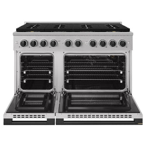 ZLINE Autograph Edition 48 in. 6.7 cu. ft. Marino Gas Range with 8 Burner DuoPro™ Cooktop and Dual Ovens in Stainless Steel and Matte Black Accents (PMGRZ-48-MB) front, oven open.