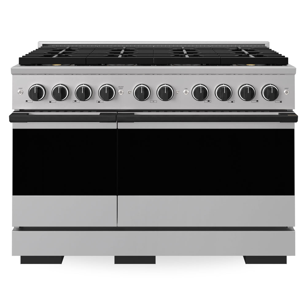 ZLINE Autograph Edition 48 in. 6.7 cu. ft. Marino Gas Range with 8 Burner DuoPro™ Cooktop and Dual Ovens in Stainless Steel and Matte Black Accents (PMGRZ-48-MB)