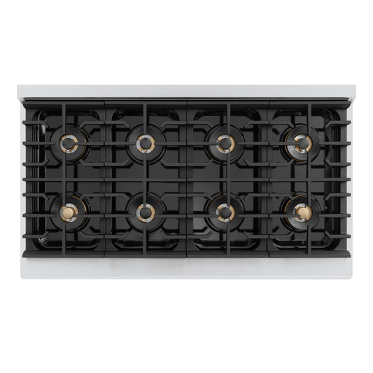 ZLINE Autograph Edition 48 in. 6.7 cu. ft. Marino Gas Range with 8 Burner DuoPro™ Cooktop and Dual Ovens in Stainless Steel and Matte Black Accents (PMGRZ-48-MB) top-down, above cooking surface.