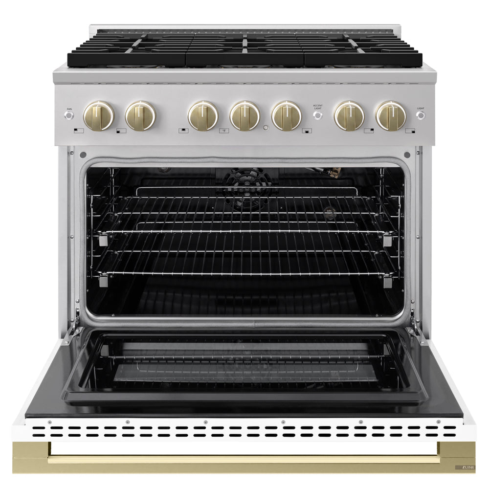 ZLINE Autograph Edition 36 in. 5.2 cu. ft. Marino Gas Range with 6 Burner DuoPro™ Cooktop and Convection Gas Oven with White Matte Door and Champagne Bronze Accents (PMGRZ-WM-36-CB)