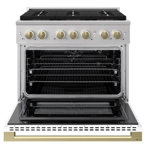 ZLINE Autograph Edition 36 in. 5.2 cu. ft. Marino Gas Range with 6 Burner DuoPro™ Cooktop and Convection Gas Oven with White Matte Door and Champagne Bronze Accents (PMGRZ-WM-36-CB)