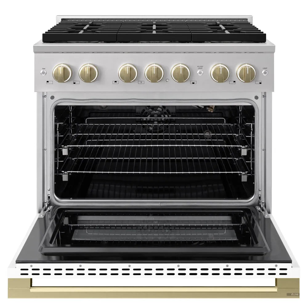 ZLINE Autograph Edition 36 in. 5.2 cu. ft. Marino Gas Range with 6 Burner DuoPro™ Cooktop and Convection Gas Oven with White Matte Door and Champagne Bronze Accents (PMGRZ-WM-36-CB) front, oven open.