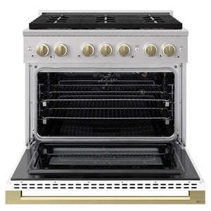 ZLINE Autograph Edition 36 in. 5.2 cu. ft. Marino Gas Range with 6 Burner DuoPro™ Cooktop and Convection Gas Oven with White Matte Door and Champagne Bronze Accents (PMGRZ-WM-36-CB) front, oven open.