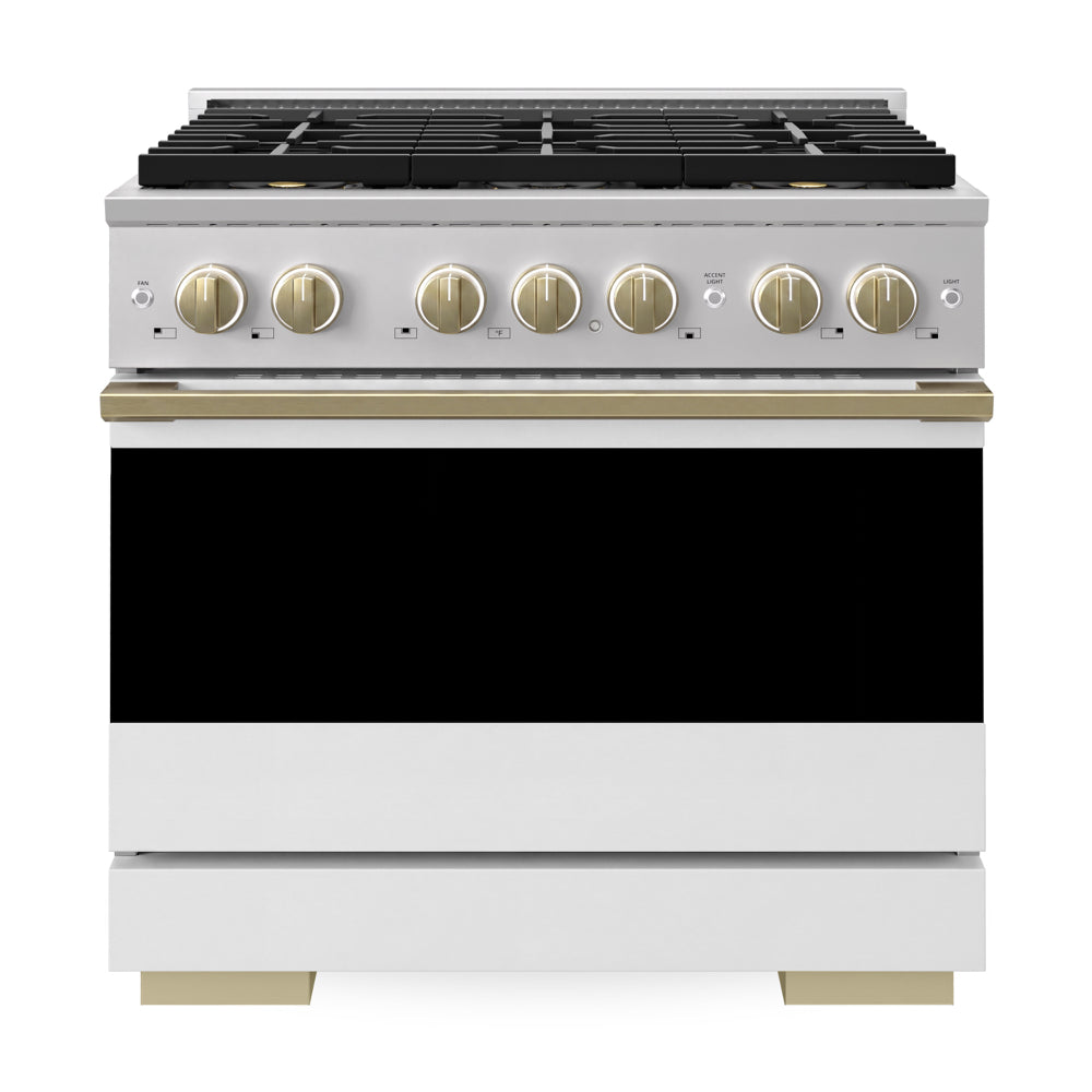 ZLINE Autograph Edition 36 in. 5.2 cu. ft. Marino Gas Range with 6 Burner DuoPro™ Cooktop and Convection Gas Oven with White Matte Door and Champagne Bronze Accents (PMGRZ-WM-36-CB)