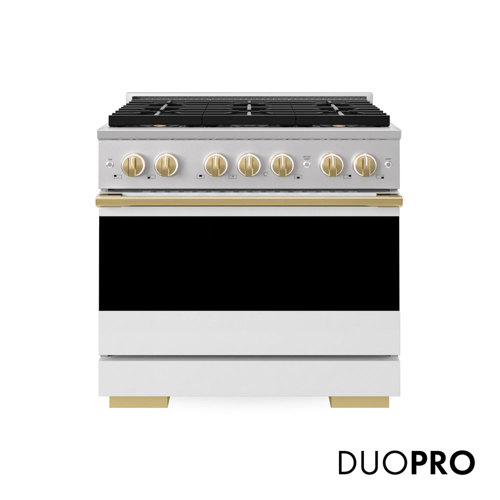 ZLINE Autograph Edition 36 in. 5.2 cu. ft. Marino Gas Range with 6 Burner DuoPro™ Cooktop and Convection Gas Oven with White Matte Door and Polished Gold Accents (PMGRZ-WM-36-G)