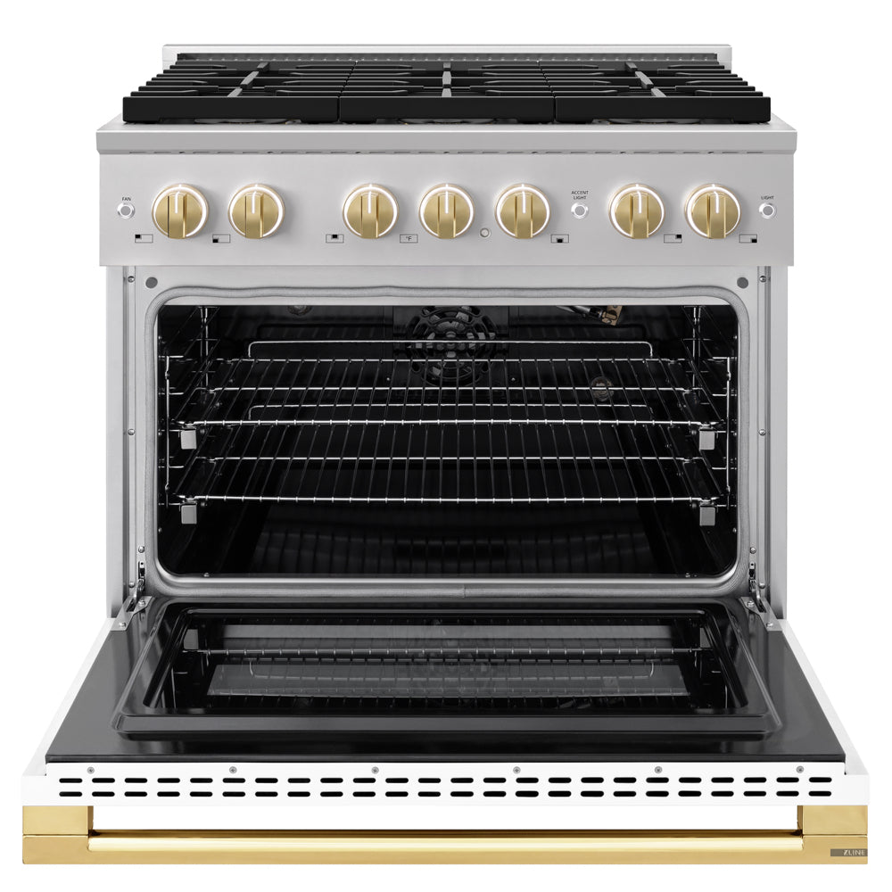 ZLINE Autograph Edition 36 in. 5.2 cu. ft. Marino Gas Range with 6 Burner DuoPro™ Cooktop and Convection Gas Oven with White Matte Door and Polished Gold Accents (PMGRZ-WM-36-G)