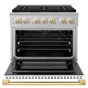 ZLINE Autograph Edition 36 in. 5.2 cu. ft. Marino Gas Range with 6 Burner DuoPro™ Cooktop and Convection Gas Oven with White Matte Door and Polished Gold Accents (PMGRZ-WM-36-G)