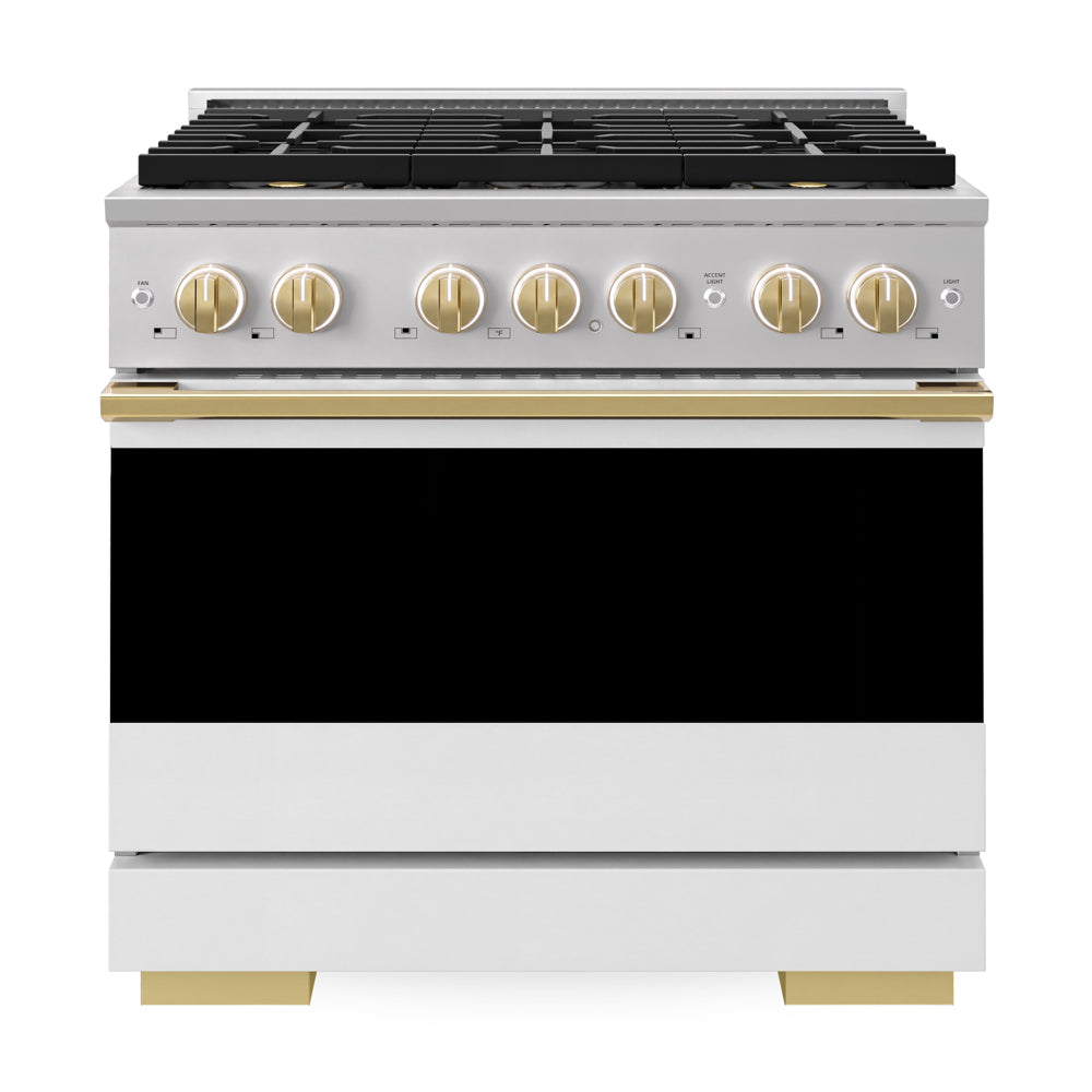 ZLINE Autograph Edition 36 in. 5.2 cu. ft. Marino Gas Range with 6 Burner DuoPro™ Cooktop and Convection Gas Oven with White Matte Door and Polished Gold Accents (PMGRZ-WM-36-G)