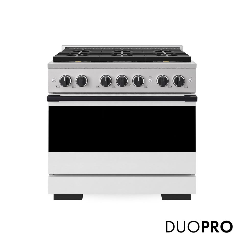 ZLINE Autograph Edition 36 in. 5.2 cu. ft. Marino Gas Range with 6 Burner DuoPro™ Cooktop and Convection Gas Oven with White Matte Door and Matte Black Accents (PMGRZ-WM-36-MB)