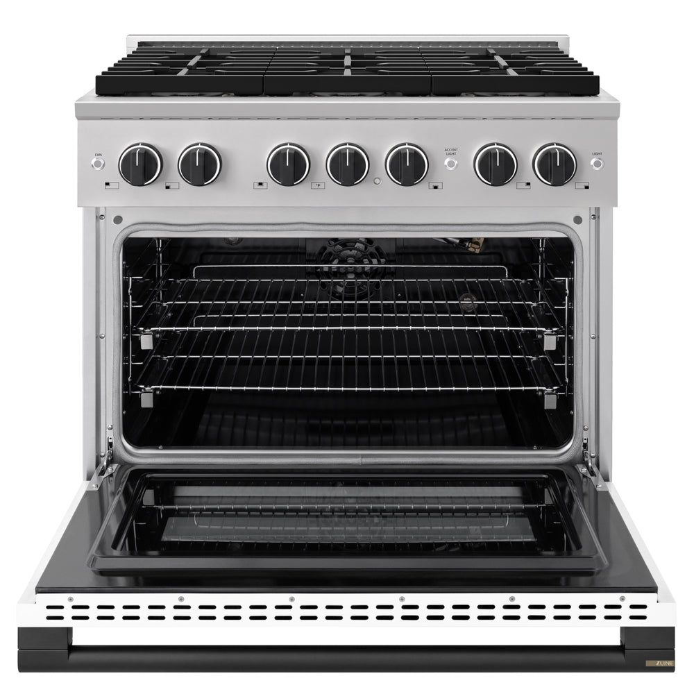 ZLINE Autograph Edition 36 in. 5.2 cu. ft. Marino Gas Range with 6 Burner DuoPro™ Cooktop and Convection Gas Oven with White Matte Door and Matte Black Accents (PMGRZ-WM-36-MB)