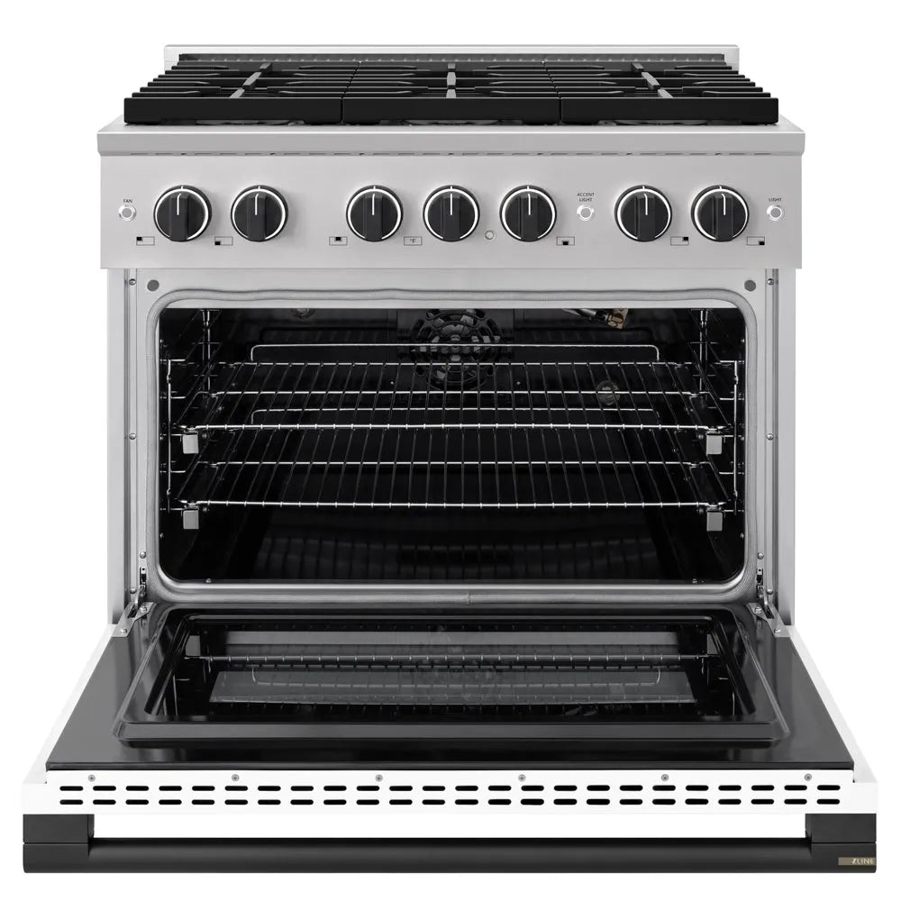 ZLINE Autograph Edition 36 in. 5.2 cu. ft. Marino Gas Range with 6 Burner DuoPro™ Cooktop and Convection Gas Oven with White Matte Door and Matte Black Accents (PMGRZ-WM-36-MB) front, oven open.