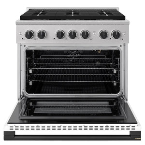 ZLINE Autograph Edition 36 in. 5.2 cu. ft. Marino Gas Range with 6 Burner DuoPro™ Cooktop and Convection Gas Oven with White Matte Door and Matte Black Accents (PMGRZ-WM-36-MB) front, oven open.