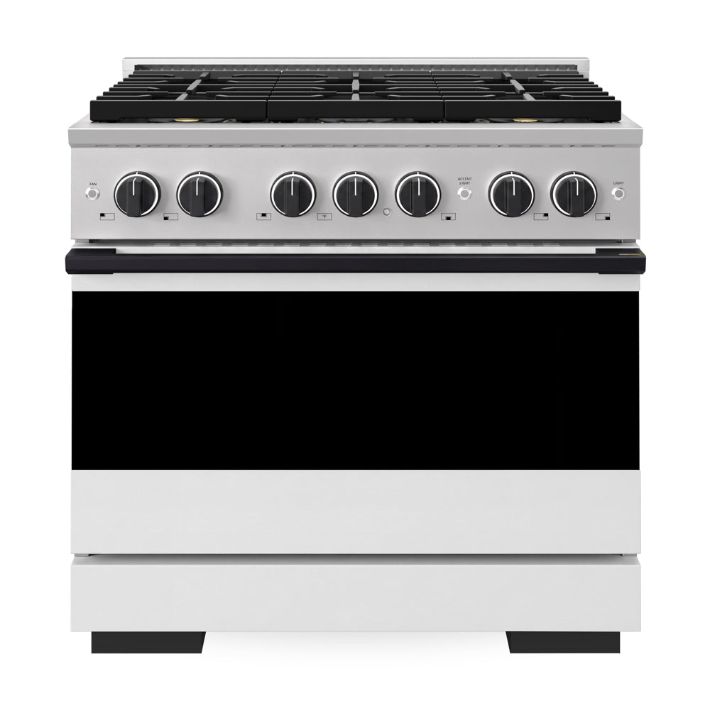 ZLINE Autograph Edition 36 in. 5.2 cu. ft. Marino Gas Range with 6 Burner DuoPro™ Cooktop and Convection Gas Oven with White Matte Door and Matte Black Accents (PMGRZ-WM-36-MB)