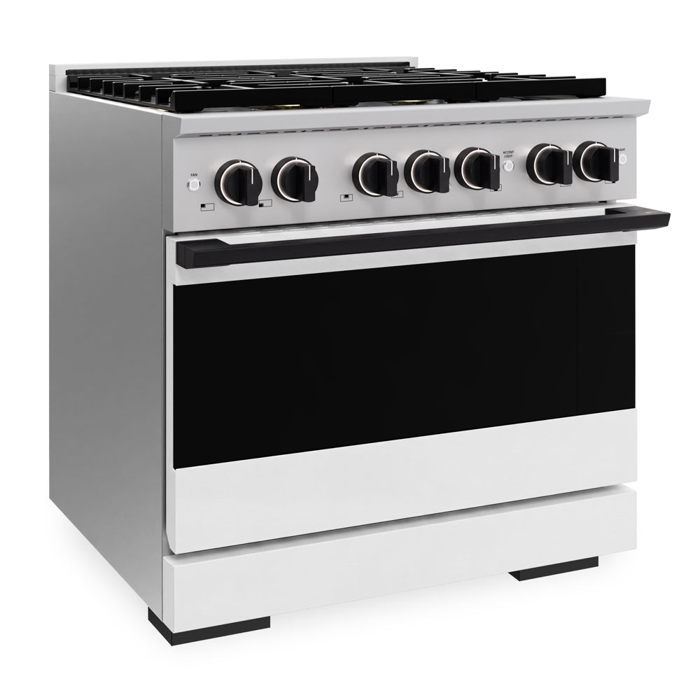 ZLINE Autograph Edition 36 in. 5.2 cu. ft. Marino Gas Range with 6 Burner DuoPro™ Cooktop and Convection Gas Oven with White Matte Door and Matte Black Accents (PMGRZ-WM-36-MB)