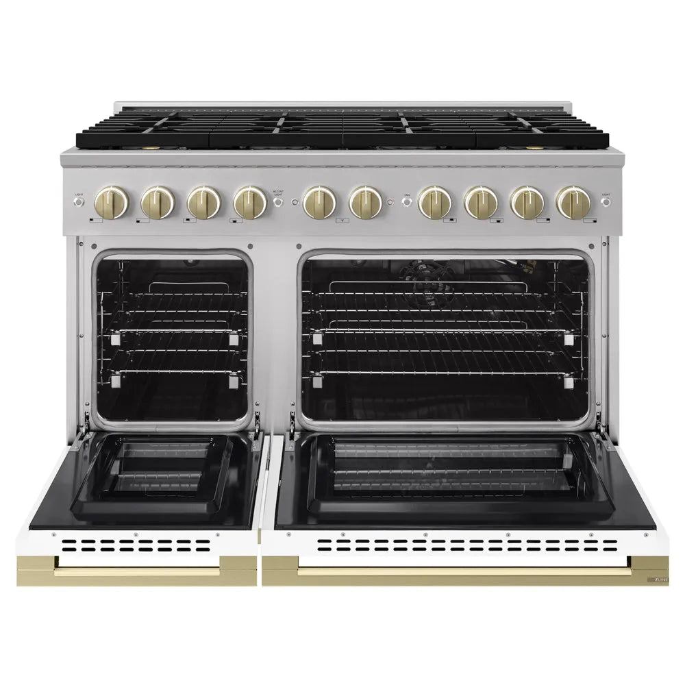 ZLINE Autograph Edition 48 in. 6.7 cu. ft. Marino Gas Range with 8 Burner DuoPro™ Cooktop and Dual Ovens with White Matte Doors and Champagne Bronze Accents (PMGRZ-WM-48-CB) front, oven open.