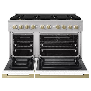 ZLINE Autograph Edition 48 in. 6.7 cu. ft. Marino Gas Range with 8 Burner DuoPro™ Cooktop and Dual Ovens with White Matte Doors and Champagne Bronze Accents (PMGRZ-WM-48-CB) front, oven open.
