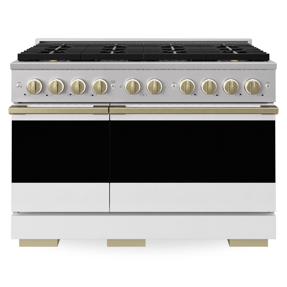 ZLINE Autograph Edition 48 in. 6.7 cu. ft. Marino Gas Range with 8 Burner DuoPro™ Cooktop and Dual Ovens with White Matte Doors and Champagne Bronze Accents (PMGRZ-WM-48-CB)
