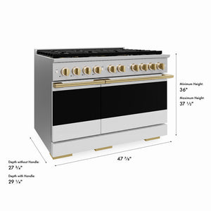 ZLINE Autograph Edition 48 in. 6.7 cu. ft. Marino Gas Range with 8 Burner DuoPro™ Cooktop and Dual Ovens with White Matte Doors and Polished Gold Accents (PMGRZ-WM-48-G)