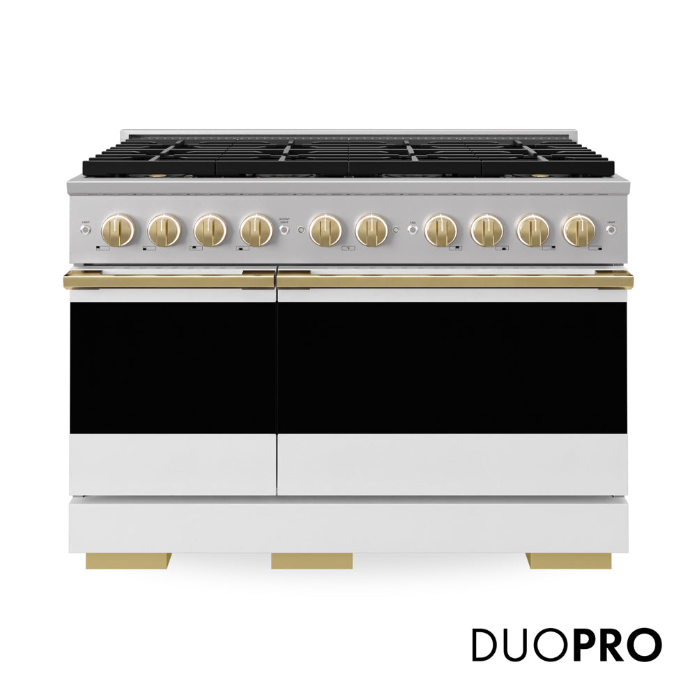 ZLINE Autograph Edition 48 in. 6.7 cu. ft. Marino Gas Range with 8 Burner DuoPro™ Cooktop and Dual Ovens with White Matte Doors and Polished Gold Accents (PMGRZ-WM-48-G) main image.