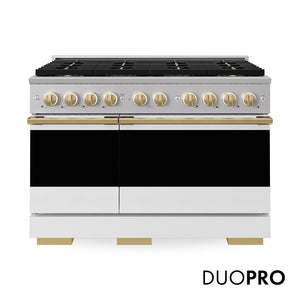 ZLINE Autograph Edition 48 in. 6.7 cu. ft. Marino Gas Range with 8 Burner DuoPro™ Cooktop and Dual Ovens with White Matte Doors and Polished Gold Accents (PMGRZ-WM-48-G) main image.