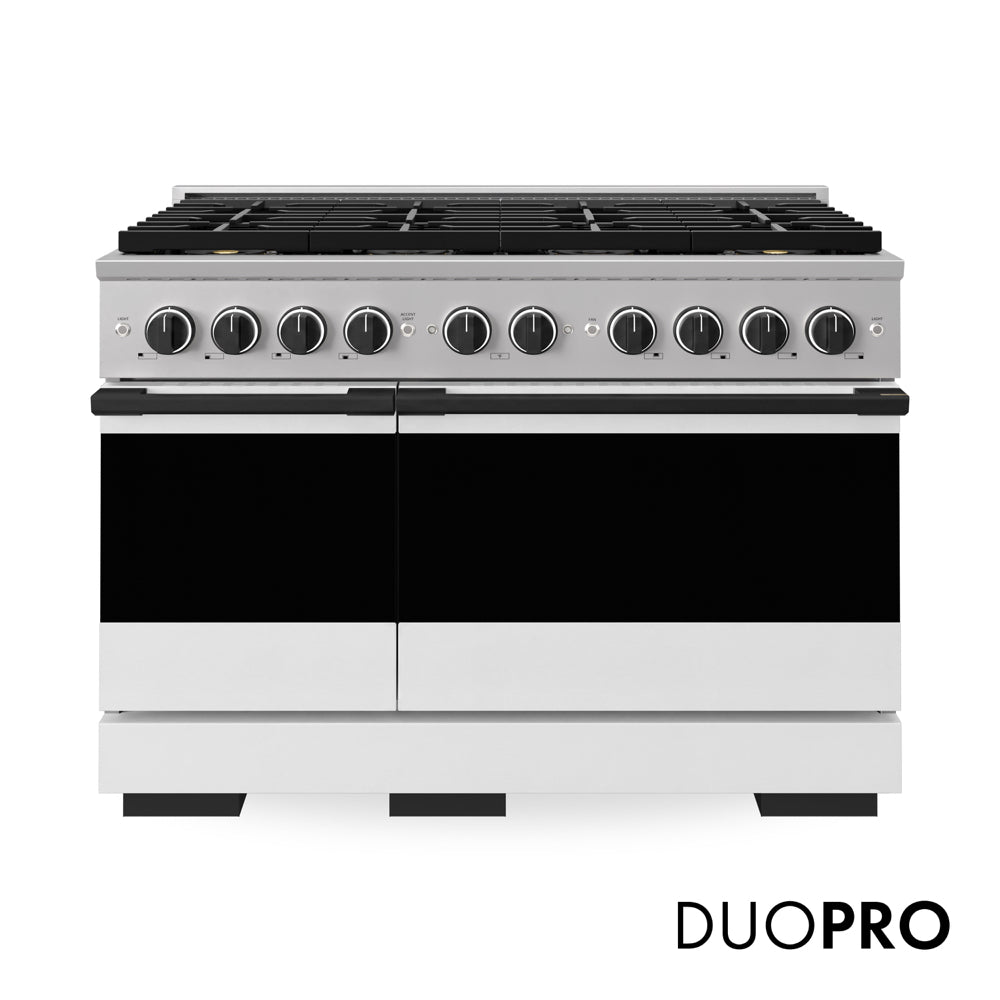 ZLINE Autograph Edition 48 in. 6.7 cu. ft. Marino Gas Range with 8 Burner DuoPro™ Cooktop and Dual Ovens with White Matte Doors and Matte Black Accents (PMGRZ-WM-48-MB) main image.
