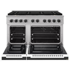 ZLINE Autograph Edition 48 in. 6.7 cu. ft. Marino Gas Range with 8 Burner DuoPro™ Cooktop and Dual Ovens with White Matte Doors and Matte Black Accents (PMGRZ-WM-48-MB)