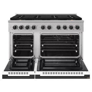ZLINE Autograph Edition 48 in. 6.7 cu. ft. Marino Gas Range with 8 Burner DuoPro™ Cooktop and Dual Ovens with White Matte Doors and Matte Black Accents (PMGRZ-WM-48-MB) front, oven open.