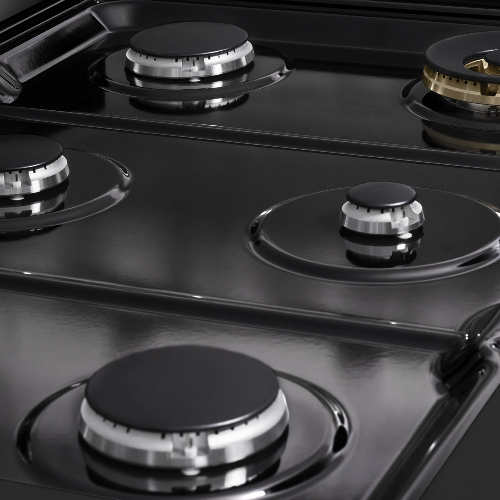 ZLINE 36 in. 5.2 cu. ft. Marino Dual Fuel Range with 6 Burner Gas Cooktop and Electric Convection Oven in Black Stainless Steel (MDRB-36) close-up, black porcelain cooktop without grates.