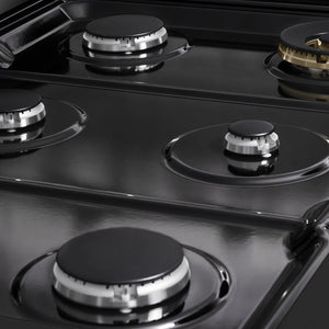 ZLINE 36 in. 5.2 cu. ft. Marino Dual Fuel Range with 6 Burner Gas Cooktop and Electric Convection Oven in Black Stainless Steel (MDRB-36) close-up, black porcelain cooktop without grates.