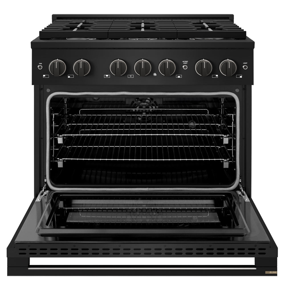 ZLINE 36 in. 5.2 cu. ft. Marino Dual Fuel Range with 6 Burner Gas Cooktop and Electric Convection Oven in Black Stainless Steel (MDRB-36) front, oven open.