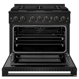 ZLINE 36 in. 5.2 cu. ft. Marino Dual Fuel Range with 6 Burner Gas Cooktop and Electric Convection Oven in Black Stainless Steel (MDRB-36) front, oven open.