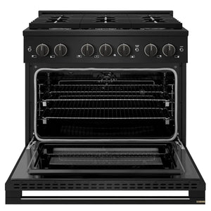 ZLINE 36 in. 5.2 cu. ft. Marino Dual Fuel Range with 6 Burner Gas Cooktop and Electric Convection Oven in Black Stainless Steel (MDRB-36) front, oven open.