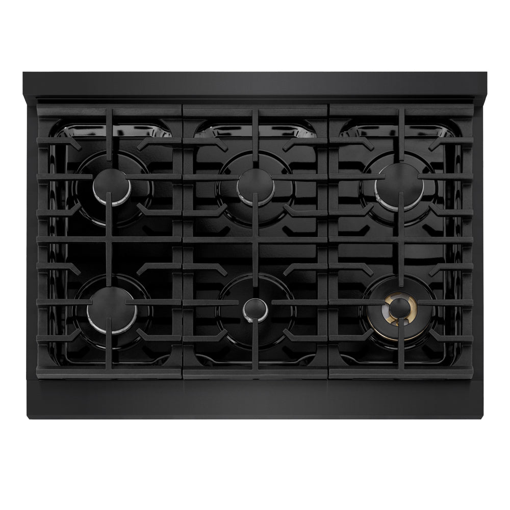 ZLINE 36 in. 5.2 cu. ft. Marino Dual Fuel Range with 6 Burner Gas Cooktop and Electric Convection Oven in Black Stainless Steel (MDRB-36) top-down, above cooking surface.