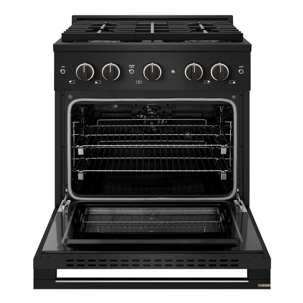 ZLINE 30 in. 4.2 cu. ft. Marino Dual Fuel Range with Gas Cooktop and Electric Convection Oven in Black Stainless Steel with 4 Brass Burners (MDRB-BR-30) front, oven open.